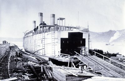 Bow View of the Ice-Breaking Train Ferry Steamer SS Baikal Fitting Out on Lake Baikal by English Photographer